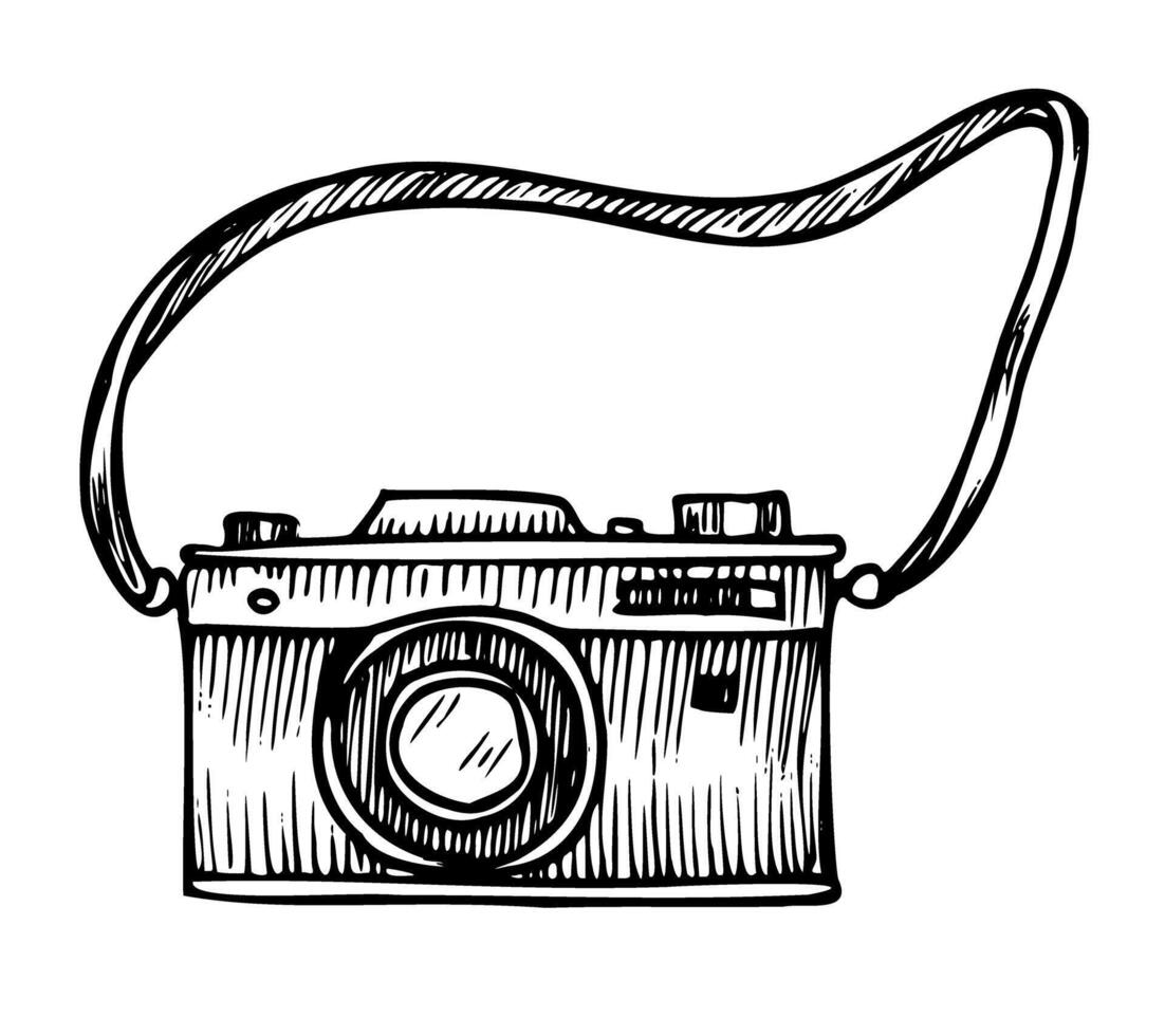 årgång vektor kamera. hand dragen illustration av gammal retro analog Utrustning med lins för fotografi på vit bakgrund. svart linjär teckning av mål för resa eller äventyr resa