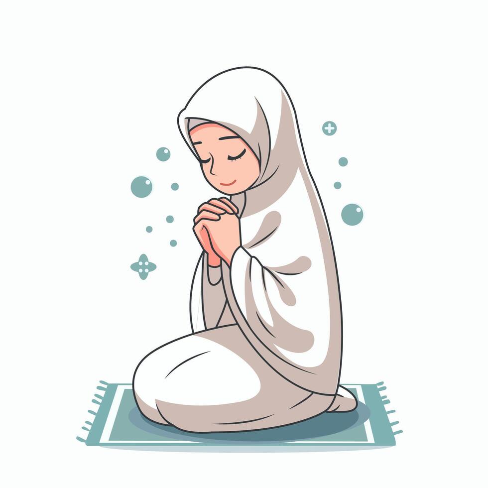 illustration av en muslim kvinna bön- bär religiös Kläder vektor