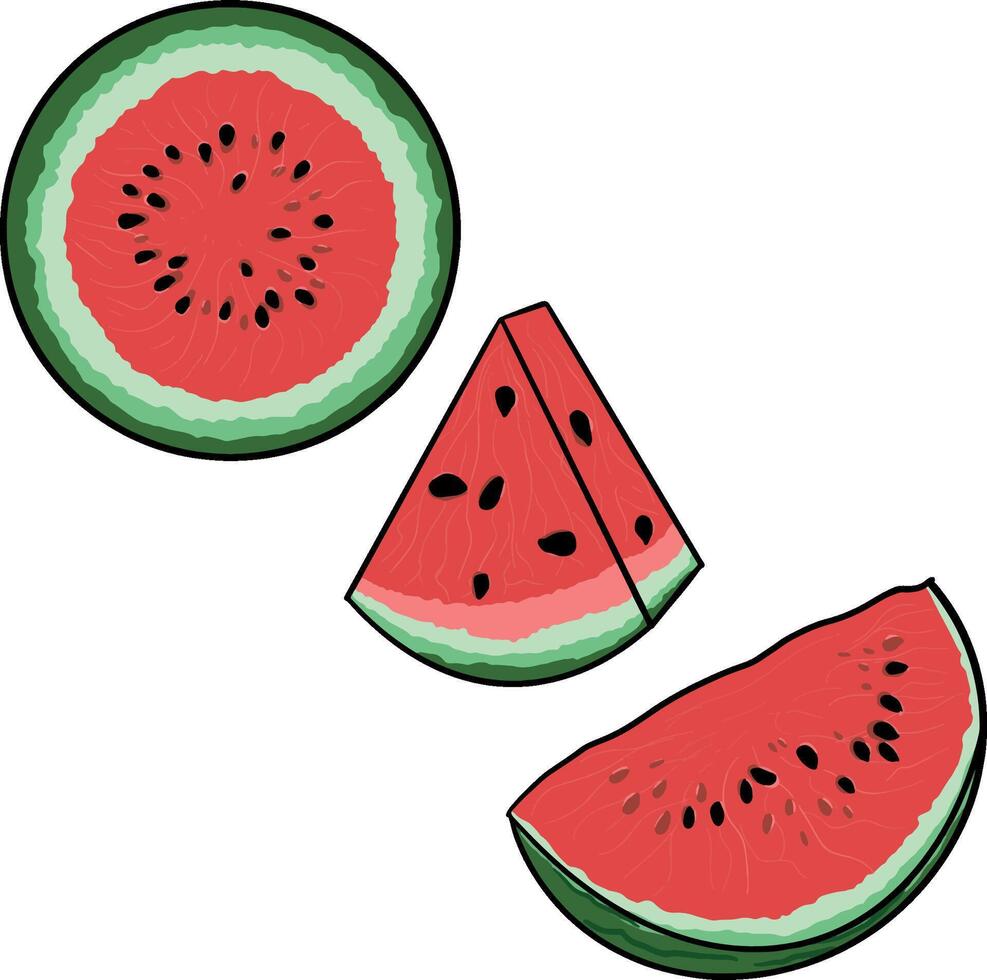 vattenmelon halv, skivor och trianglar. röd vattenmelon bit med bita. skivad cocktail vatten melon frukt vektor uppsättning. illustration av vattenmelon friskhet naturlig frukt.
