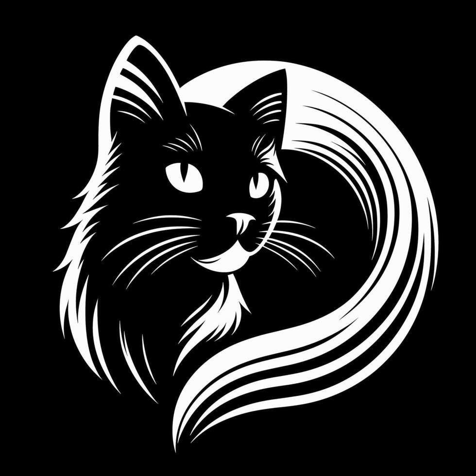 elegant svart och vit illustration av en majestätisk långhårig katt med ringlad svans vektor