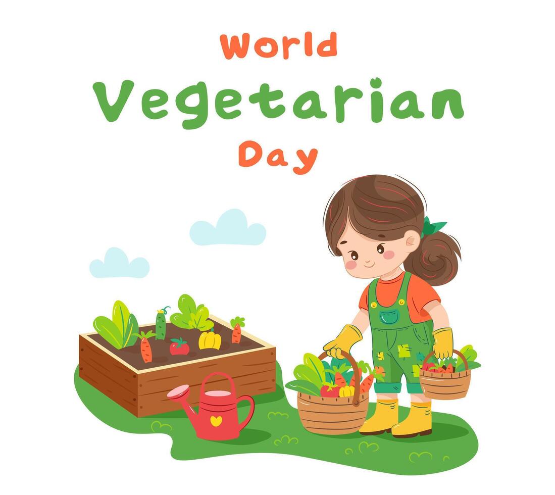 Farmer Mädchen mit Gemüse im ein Korb, Welt Vegetarier Tag vektor