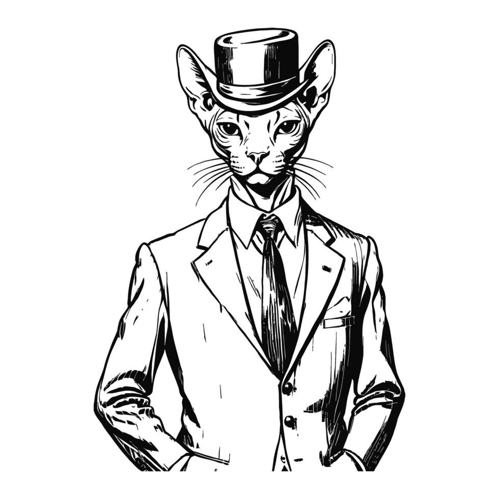 anthro humanoid sphynx katt bär företag svit och hatt gammal retro årgång graverat bläck skiss hand dragen linje konst vektor