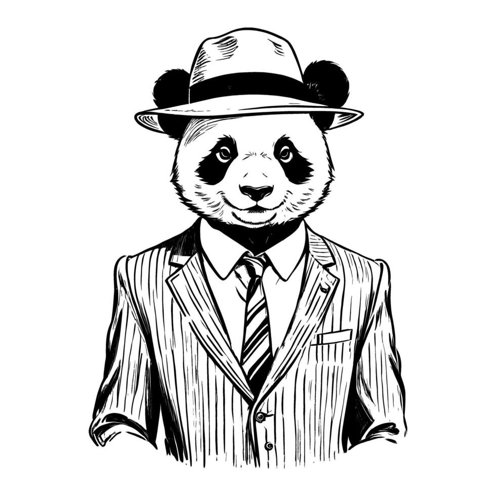 panda bär företag svit och hatt gammal retro årgång graverat bläck skiss hand dragen linje konst vektor