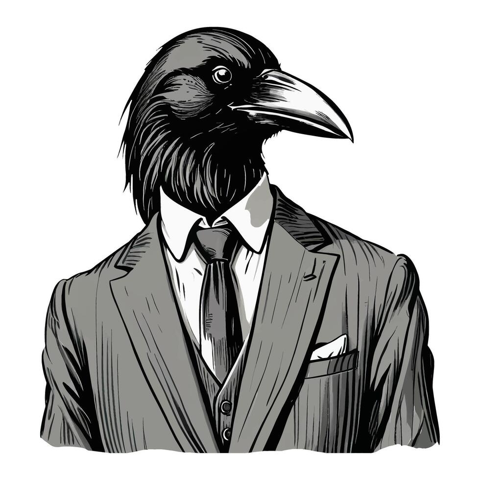schwarz Krähe Vogel tragen Geschäft Suite alt retro Jahrgang graviert Tinte farbig skizzieren Hand gezeichnet Linie Kunst vektor