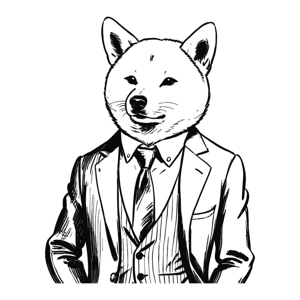 anthro humanoid shiba inu hund bär företag svit gammal retro årgång graverat bläck skiss hand dragen linje konst vektor