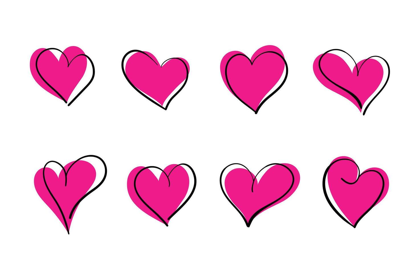 klotter rosa hjärtan kärlek ikoner uppsättning. vektor hand dragen illustration isolerat på vit bakgrund.