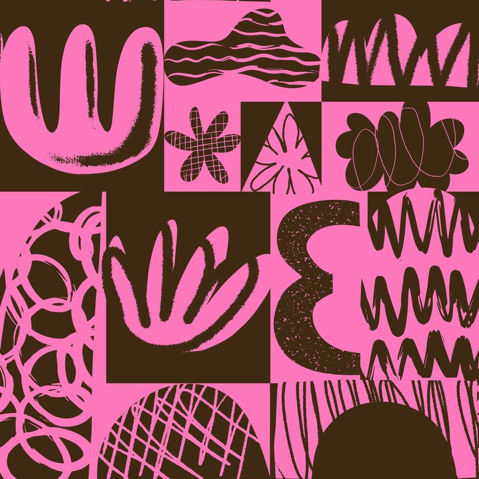 estetik abstrakt samtida sömlös mönster med hand dragen texturerad former, fläckar, klottra och rader. vibrerande grunge geometrisk brutalism y2k 2000-talet skriva ut. modern collage vektor illustration