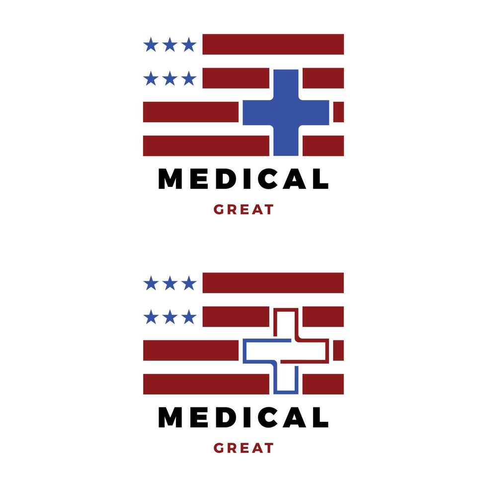 uppsättning av medicinsk, sjukhus, korsa eller plus oss, usa, förenad stater eller Amerika flagga ikon logotyp design mall vektor