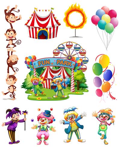 Clowner och andra föremål från cirkus vektor