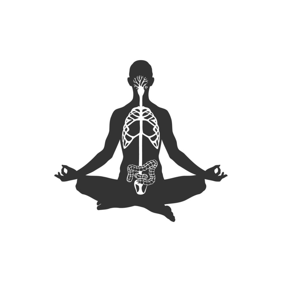 Silhouette von ein Person im das Lotus Position mit Silhouetten von Körper Organe Symbol. Vektor Illustration Design.