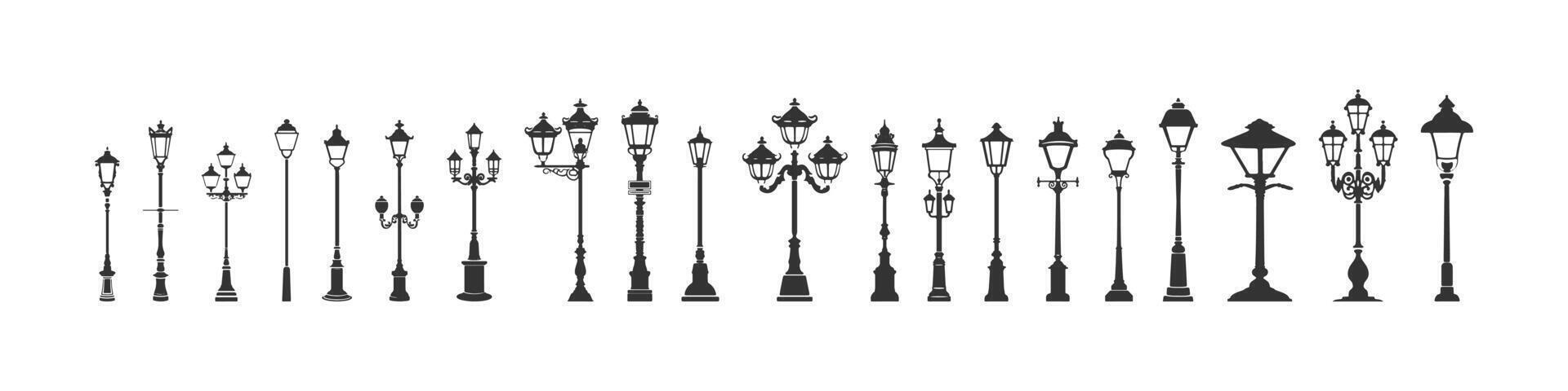 Straße Lampe Silhouette Symbol Satz. Vektor Illustration Design.
