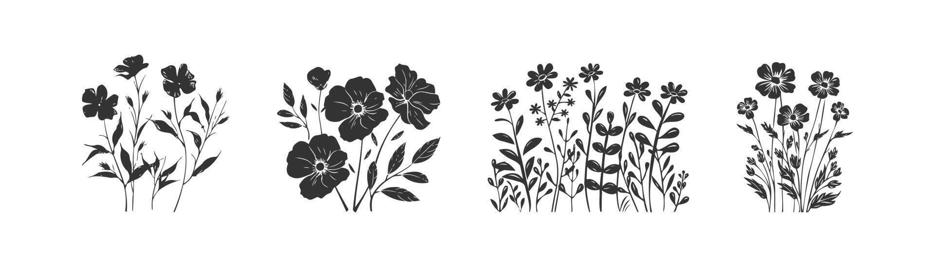 wild Blumen Silhouette Symbol Satz. Vektor Illustration Design.