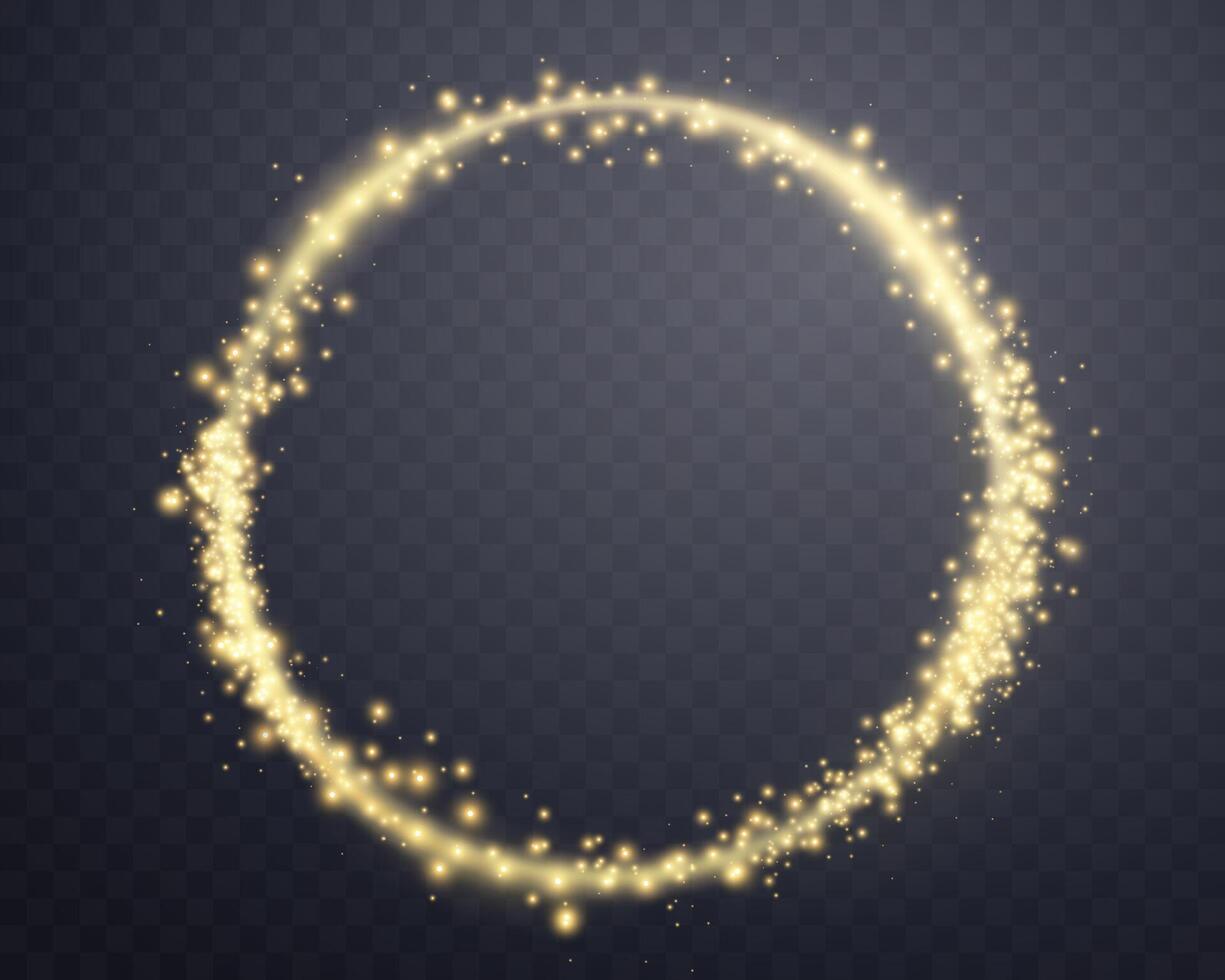 Gold Magie glühend Ring mit glühend Partikel. Neon- realistisch Energie Fackel Heiligenschein Ring. abstrakt Licht bewirken auf ein dunkel Hintergrund. Vektor Illustration.