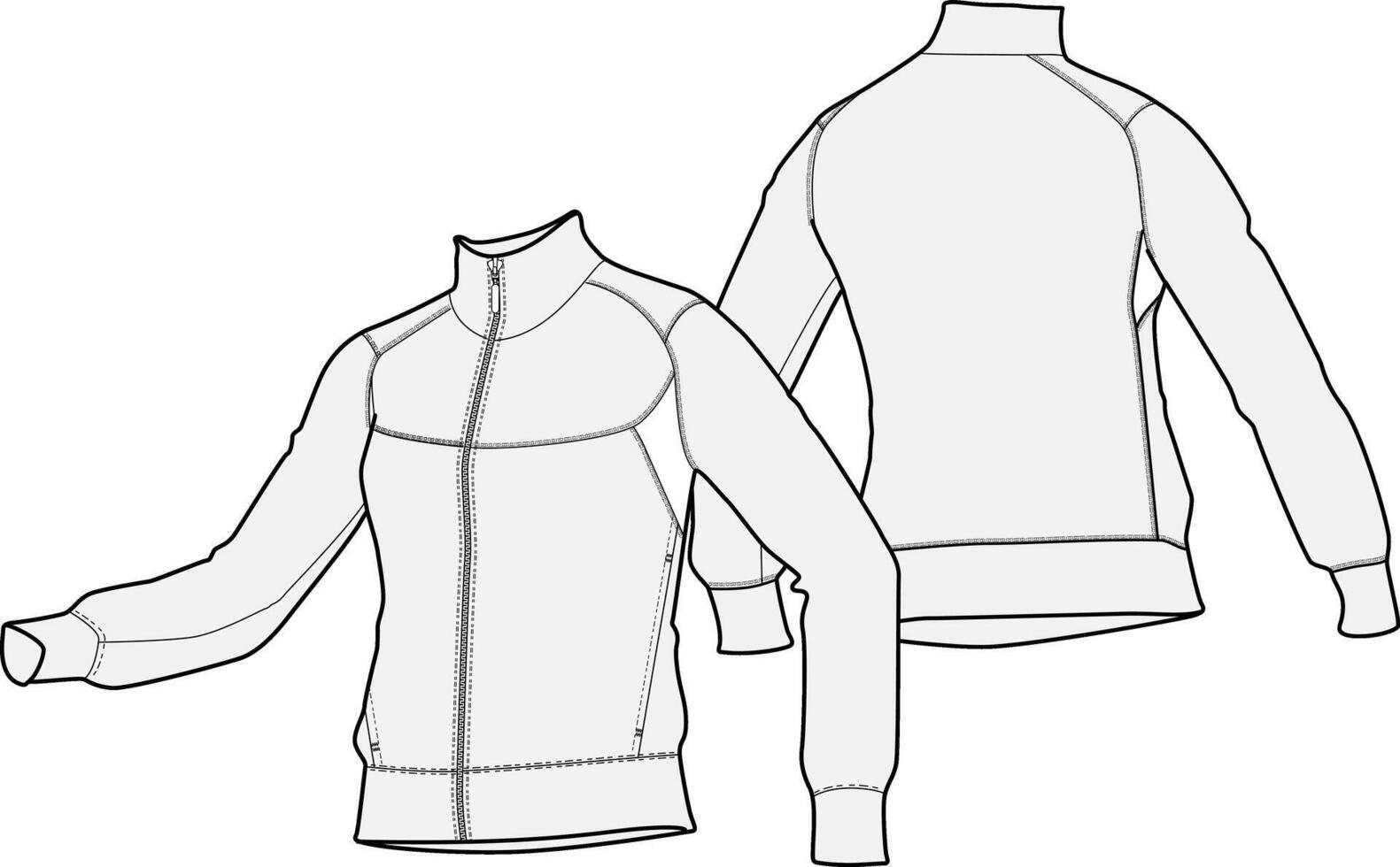 lange Ärmel schlank Spur Jacke Design Vektor Illustration, voll Postleitzahl Spur oben Bomber, abgewinkelt Vorderseite und zurück Aussicht