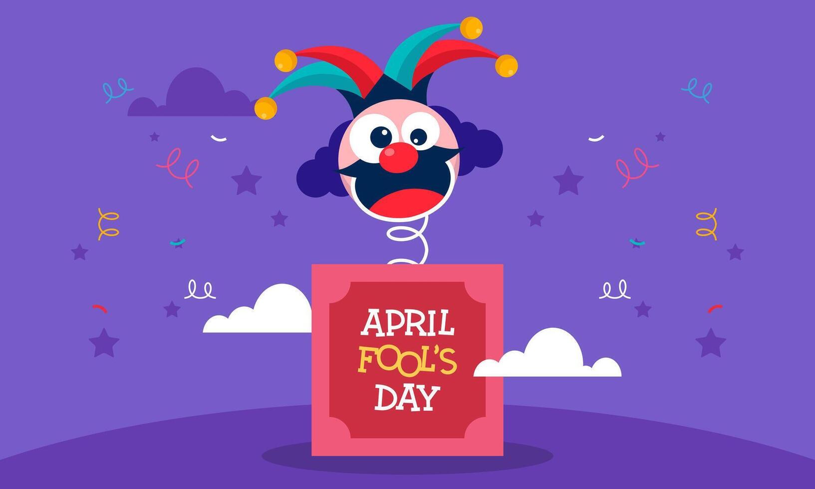 glücklich April Dummköpfe Tag Vektor Konzept mit Clown, komisch Hut, und Überraschung Symbole