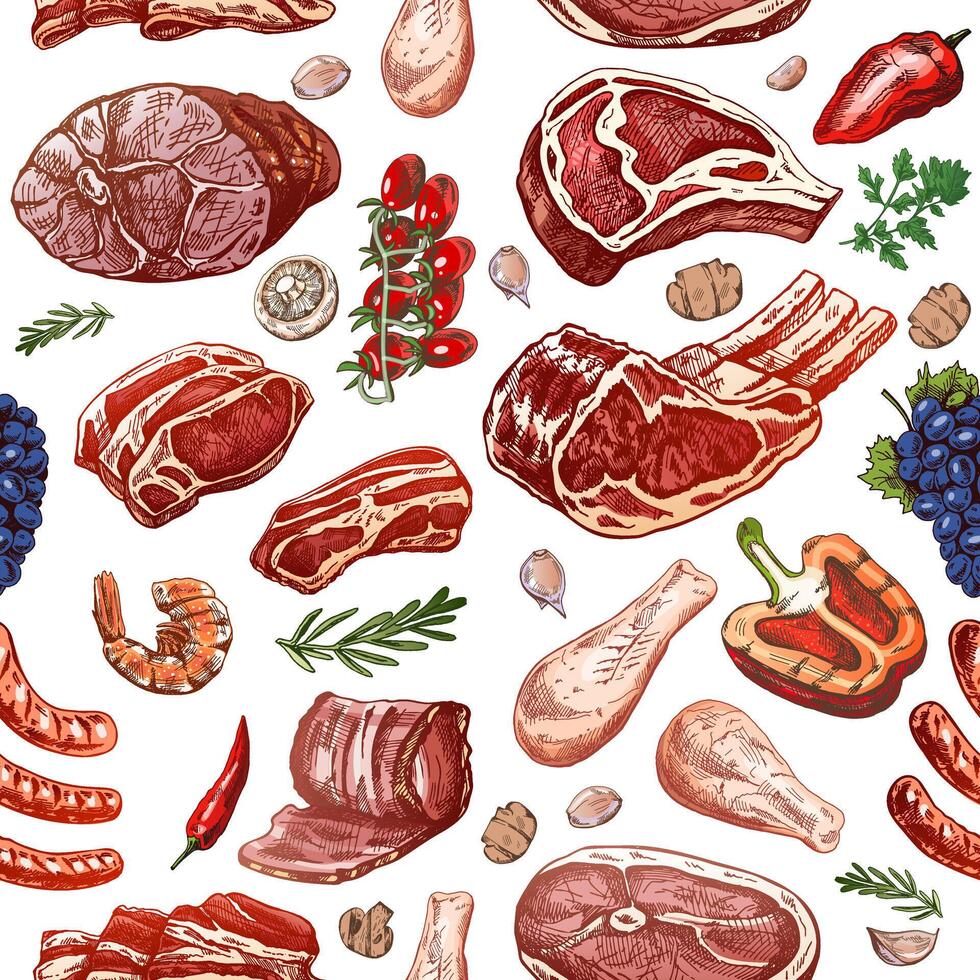 kött och grönsaker sömlös mönster i graverat årgång stil. ritad för hand färgad mönster av utegrill kött bitar med örter och kryddor. skisser för kött restaurang. vektor