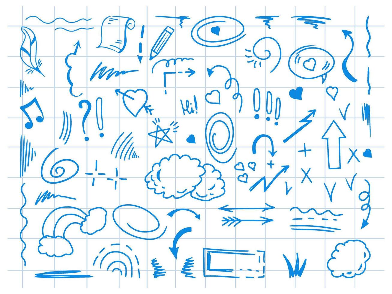 enkel skiss linje stil element. klotter söt bläck penna linje element isolerat på bakgrund av rutig anteckningsbok ark. klotter pil, hjärta, stjärna, dekoration symbol, blå ikon uppsättning. vektor