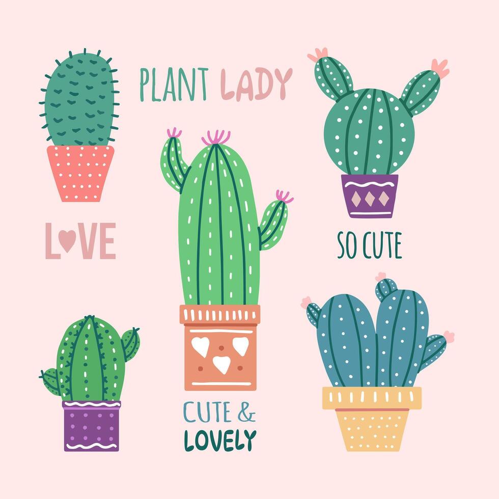ritad för hand vektor kaktusar uppsättning med kalligrafi, text. platt stil grafisk design av taggig växter, blomning kaktusar, saftig växter i färgrik keramisk krukor. Hem växter, mexico kaktus, baner