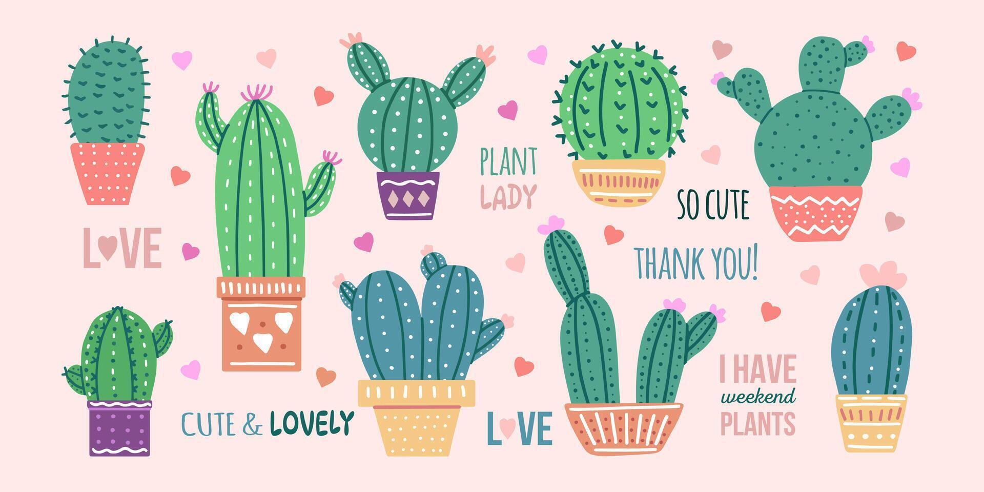 ritad för hand vektor kaktusar uppsättning med kalligrafi, text. platt stil grafisk design av taggig växter, blomning kaktusar, saftig växter i färgrik keramisk krukor. Hem växter, mexico kaktus, baner