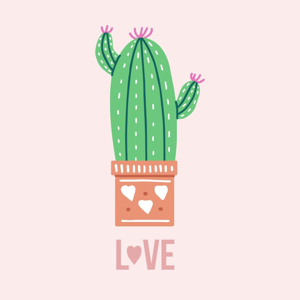 ritad för hand vektor vykort av kaktus med kalligrafi, text. grafisk design i platt stil, taggig växt, blomning kaktus, saftig växt i färgrik keramisk pott, typografi element. hus växt
