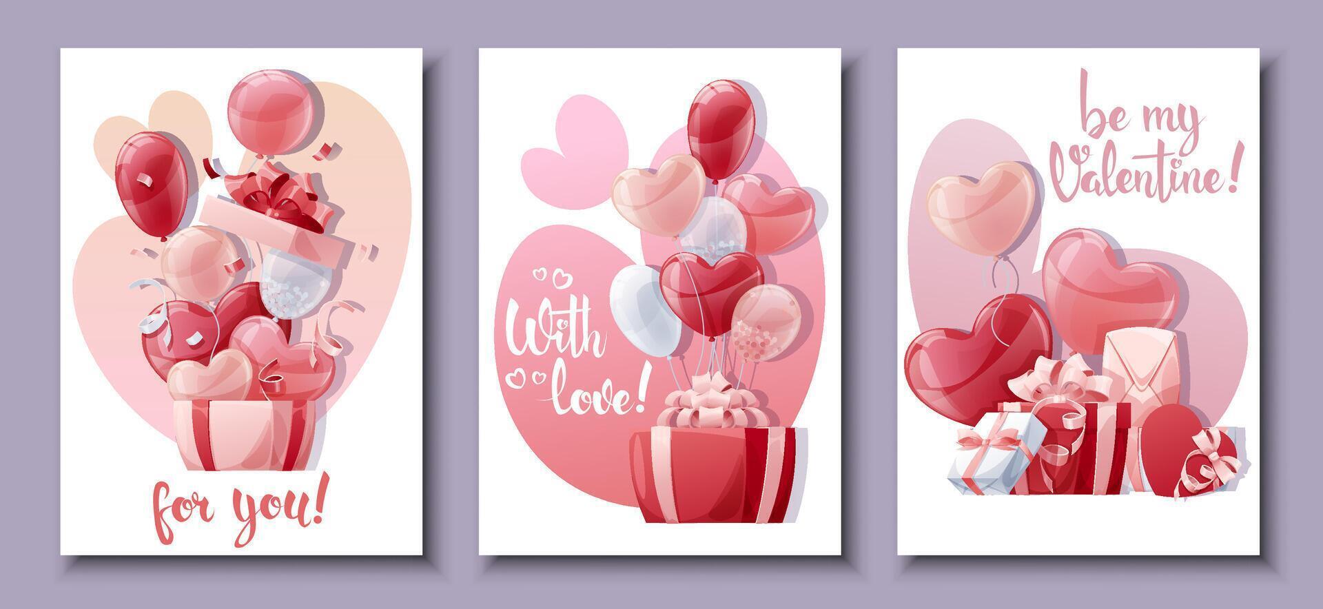 uppsättning av kort för hjärtans dag och mors dag. affisch, baner med ballonger och gåva låda. bakgrund med flygande helium ballonger i de form av hjärtan vektor
