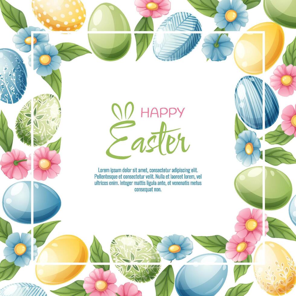 bakgrund med påsk ägg och blommor. vykort, baner för påsk. vår tid. ram med färgrik ägg. vektor