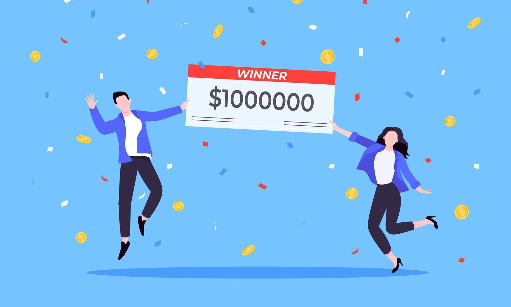 glücklich Lotterie Gewinner mit groß Preis- Gehaltsscheck. vektor