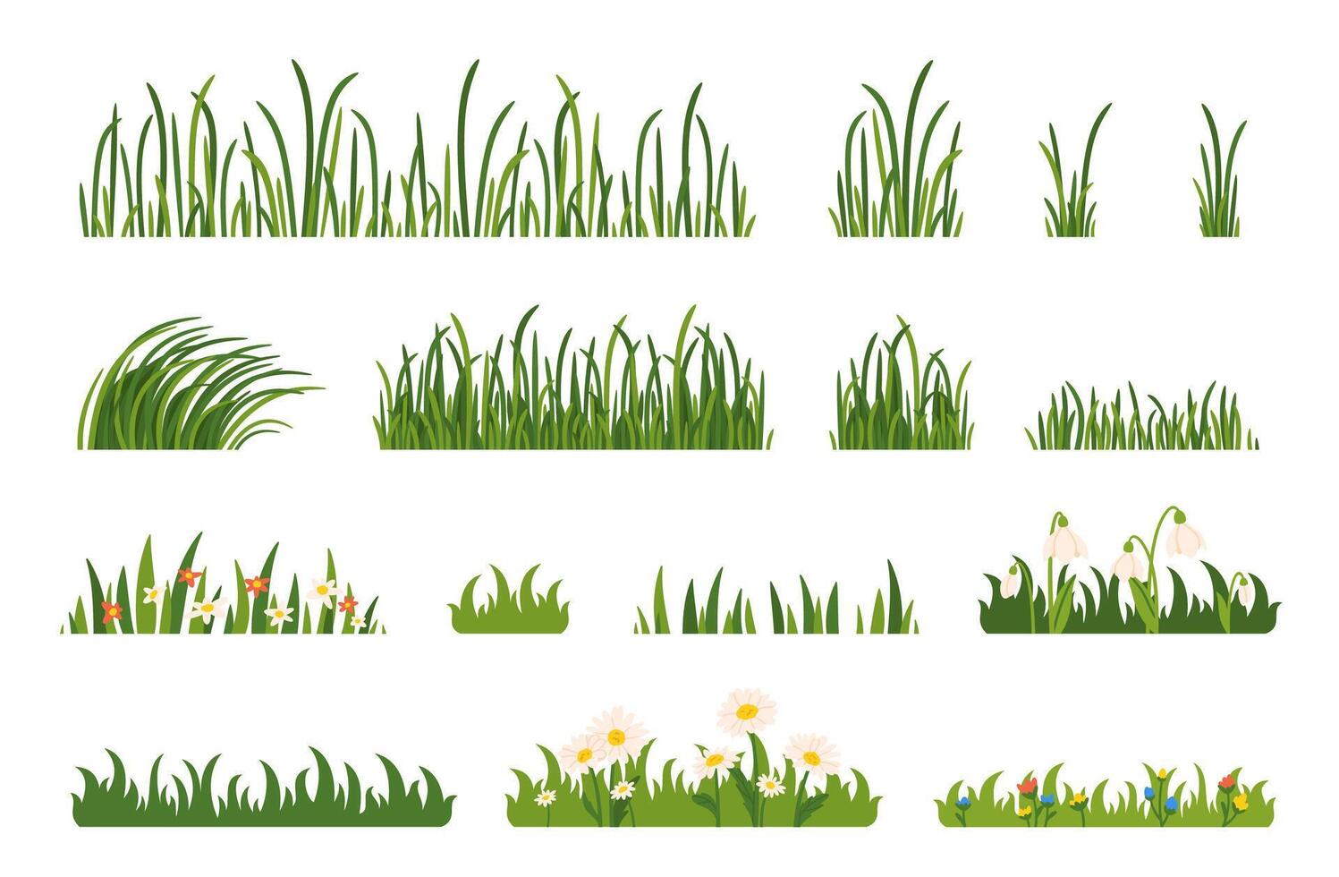 Grün Gras. Karikatur Feld, Rasen, Wiese Pflanzen, Kräuter und Blumen. frisch natürlich Kräuter- und Gräser Grenze. Sommer- und Federn Garten Blumen- Objekte mit wild Blüte. Vektor einstellen