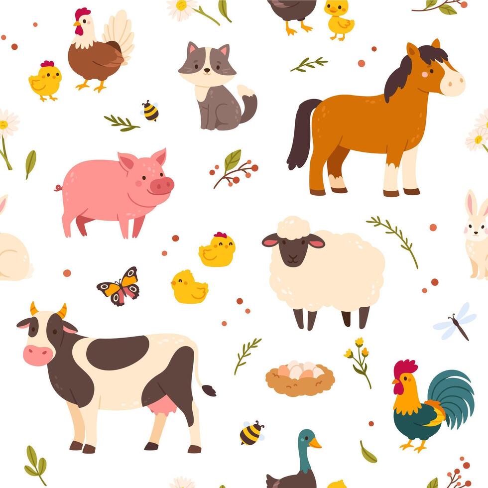 nahtlos Muster mit Bauernhof Tiere. süß Kuh, komisch Schwein, wenig Pferd, Schaf Hintergrund. Land Scheune mit bewirtschaftet Haustiere. Kind drucken mit ländlich Landschaft. Vektor Textur