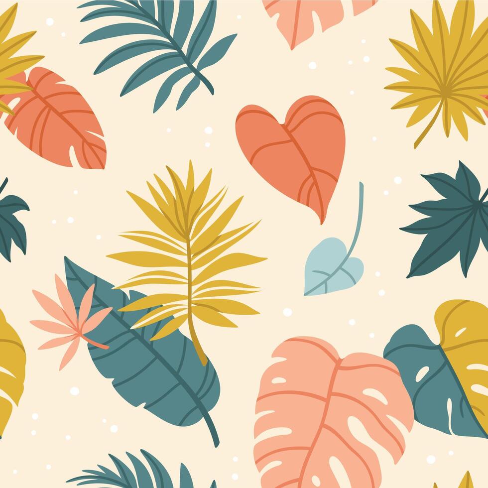 tropisk löv mönster. abstrakt sömlös textur med färgrik djungel handflatan blad. modern bakgrund botanisk lövverk och blommig växter för design. vektor uppsättning