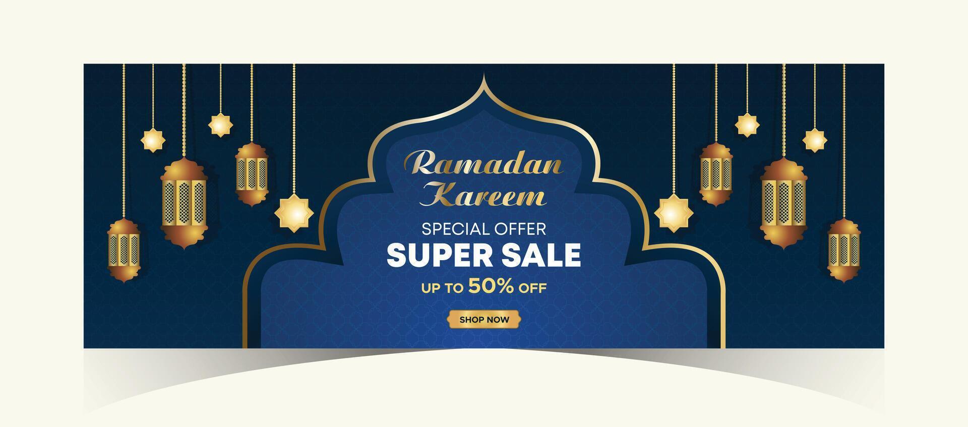 Ramadan kareem Netz Hintergrund Super Verkauf Banner mit Podium zum Anzeige von Produkt. Ramadan Mega groß Verkauf Beförderung Poster und Sozial Medien Post. islamisch Besondere Angebot Beförderung Banner Design Vorlage vektor