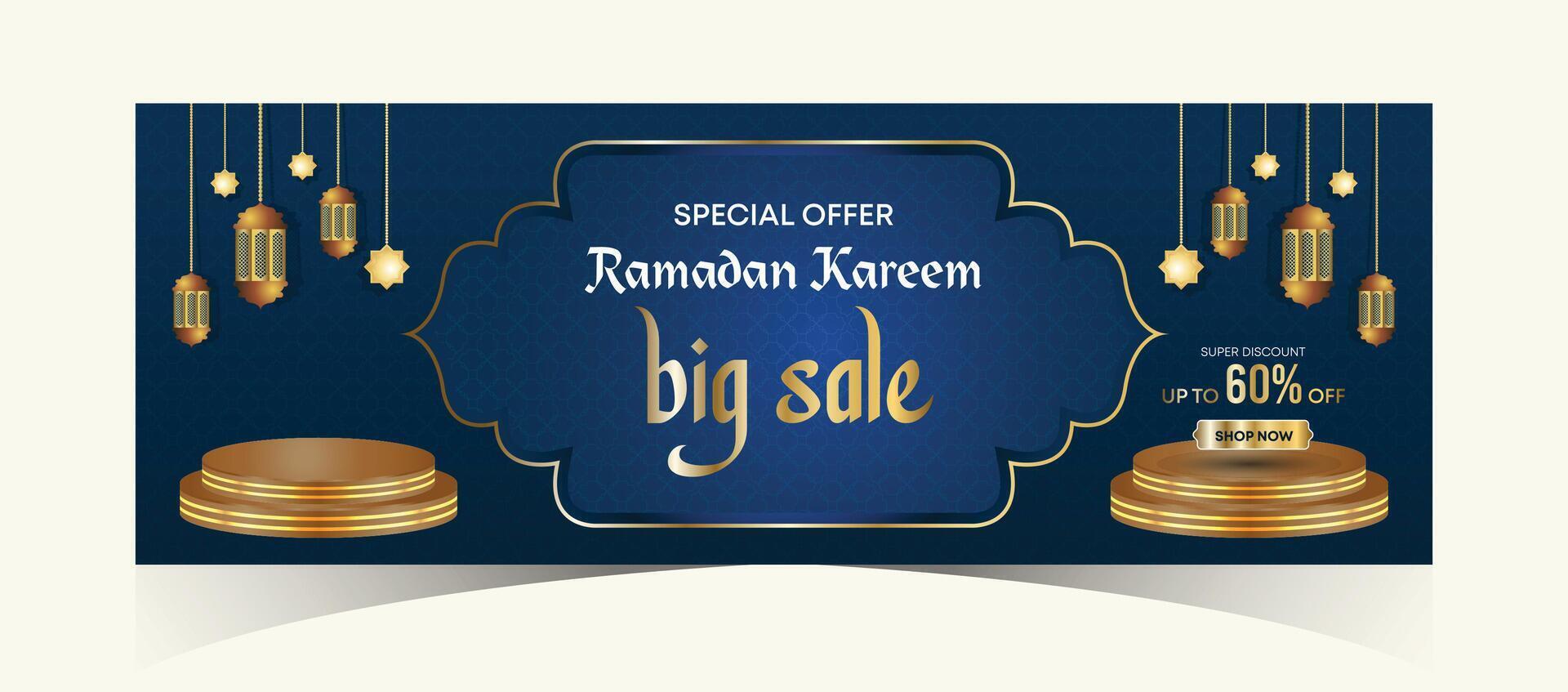 ramadan kareem webb bakgrund super försäljning baner med podium för visa av produkt. ramadan mega stor försäljning befordran affisch och social media posta. islamic särskild erbjudande befordran baner design mall vektor