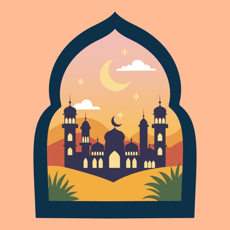 islamisch Fenster mit Mond, Moschee Kuppel und Sterne. Wüste Landschaft im orientalisch Stil, Ramadan Monat, modern Boho Design. vektor