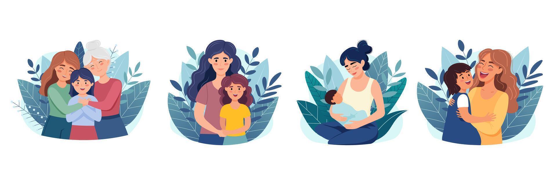 einstellen von Illustration zum Mütter Tag, Konzept von glücklich Mutterschaft, Frauen mit Kinder. bunt Vektor Abbildungen im Karikatur eben Stil