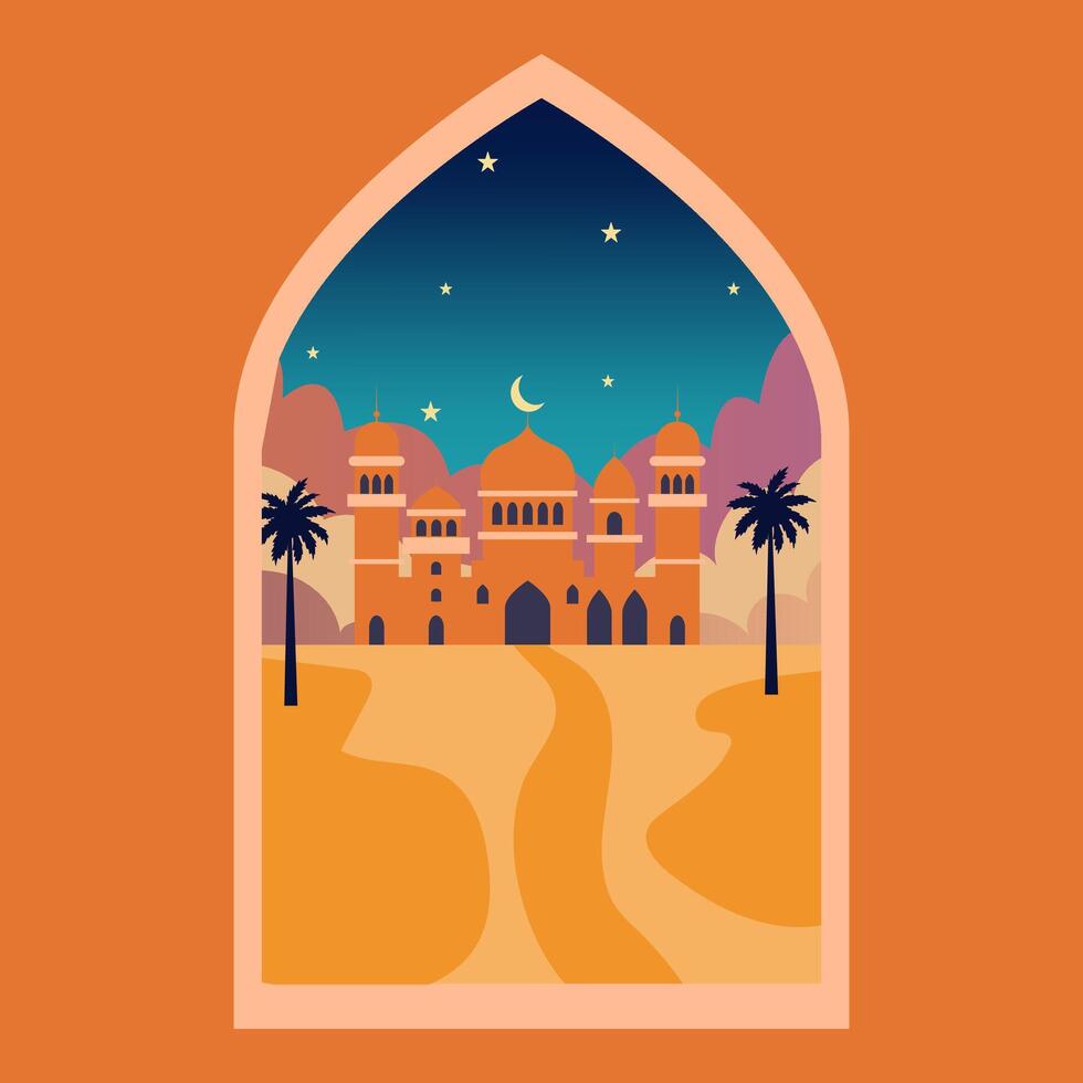 islamic fönster med måne, moské kupol och stjärnor. öken- landskap jag orientalisk stil, ramadan månad, modern boho design. vektor