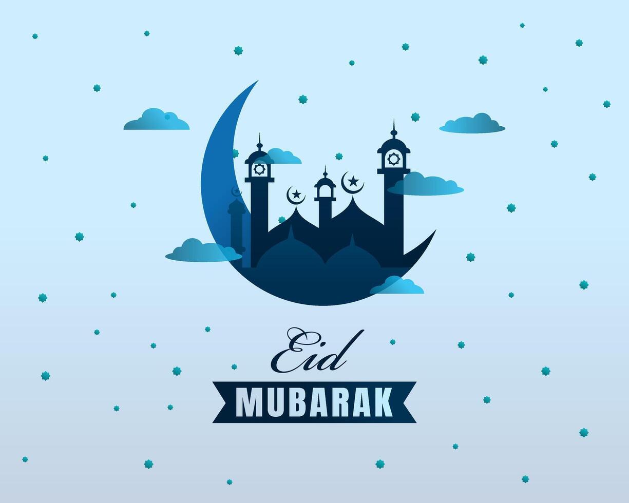 eid mubarak hälsning kort bakgrund med moské och måne fri vektor illustration