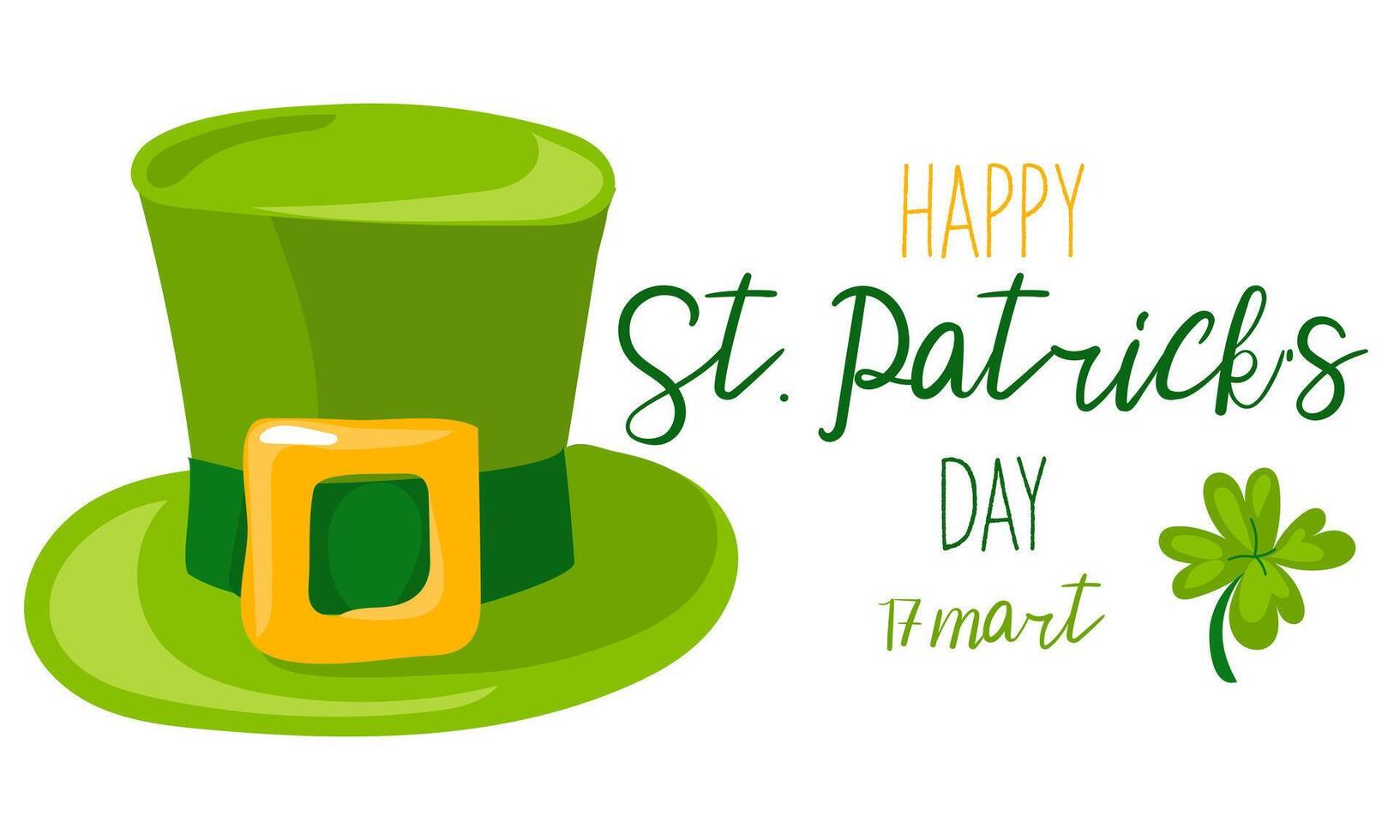 rolig Lycklig st. Patricks dag inskriptioner och en grön pyssling hatt för affischer, flygblad, vykort, inbjudningar, klistermärken, banderoller, gåvor. vektor illustration av en modern irländare. rektangel