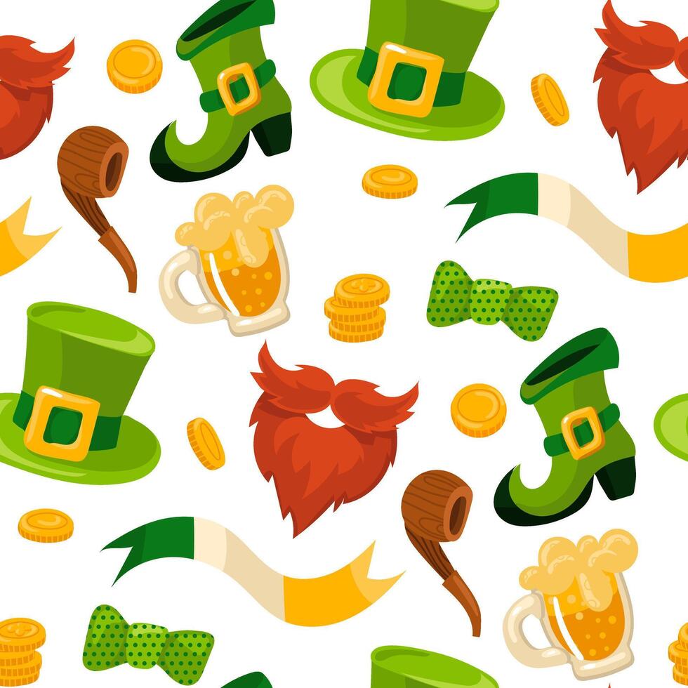 Muster Grün Hut, Bart, Schuh, Rohr, Schmetterling, Bier, Münze, Band von Irland. Vektor nahtlos Muster zum st. Patrick's Tag. Attribute von ein Kobold auf ein Weiß . Glück, Vermögen, Urlaub, Verpackung