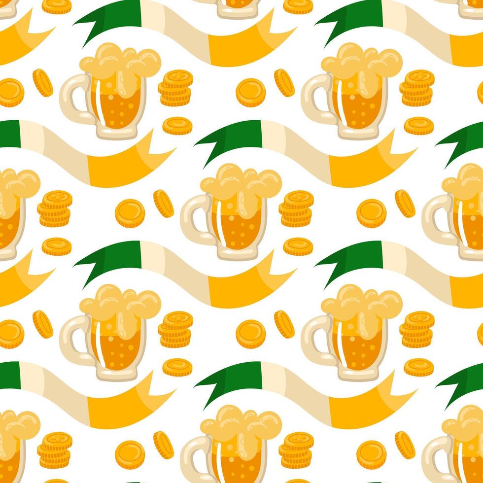 mönster av gul skummig öl med mynt och en band med de färger av de irländsk flagga. vektor sömlös för st. Patricks dag. massor av mynt och öl på en vit för Bra tur. firande, förpackning