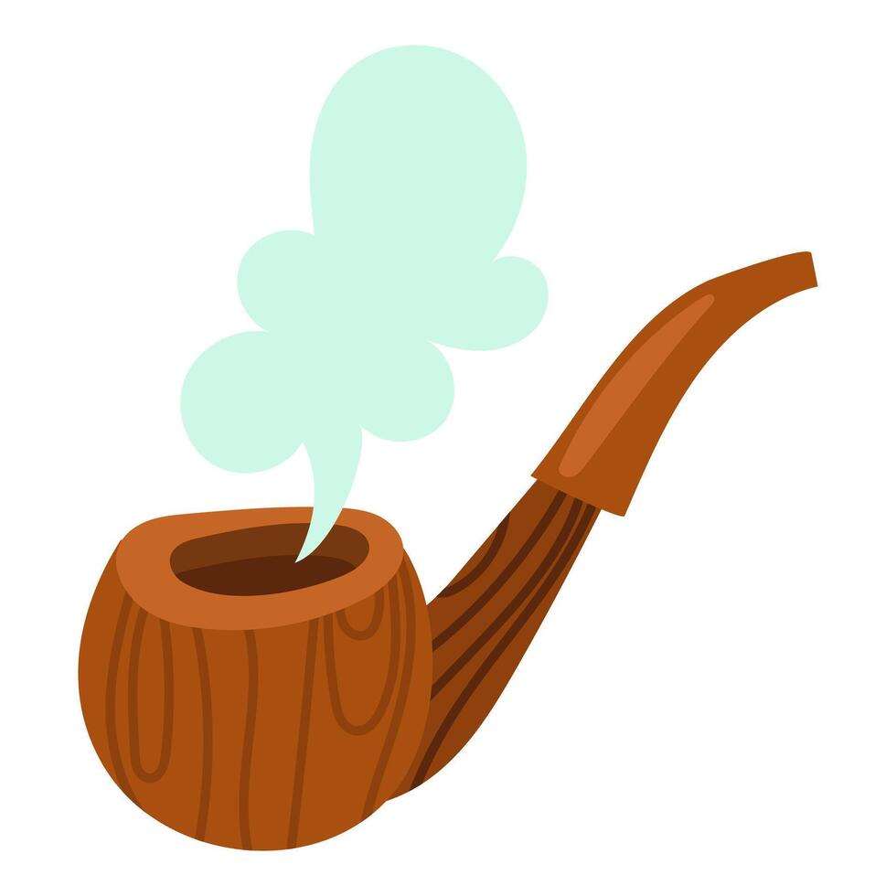 trä- rökning rör med rök. isolerat vektor bild på en vit bakgrund. en brun rör med blå rök. trä- ritningar på de objekt. ett antik rökning objekt