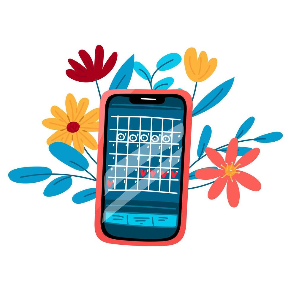 Kalender im das Telefon Damen Tage im Blumen und Geäst. Menstruation. Spur Ihre monatlich Perioden im das Telefon Konzept. Smartphone mit ein Kalender. reproduktiv System, Menstruation- Zyklus vektor