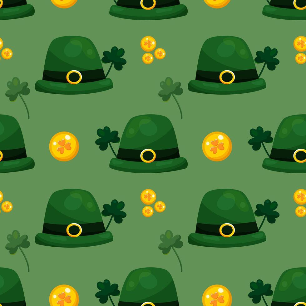 nahtlos Muster zum st. Patrick's Tag mit Grün Hüte, Gold Münzen und Kleeblatt Zweige auf Grün Hintergrund. festlich Muster zum Verpackung Design, Hintergrund und Dekor vektor