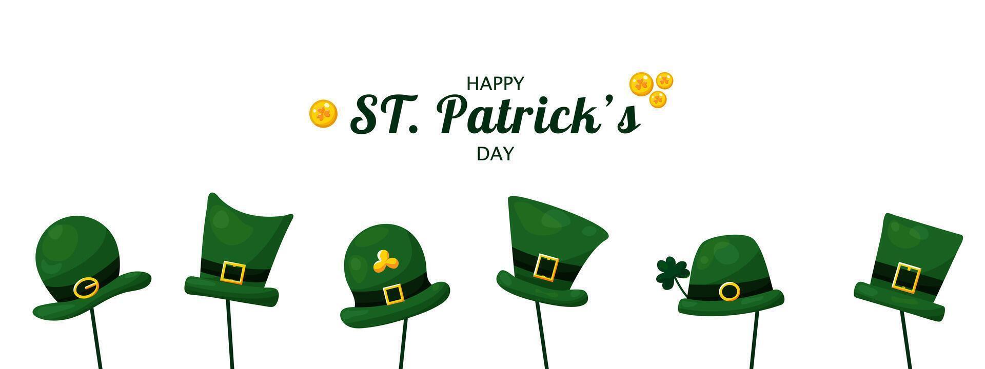 st. Patricks dag baner med grön älva hattar på pinne, mynt och vitklöver på vit bakgrund. festlig bakgrund för webb använda sig av, utskrift och unik festlig design vektor