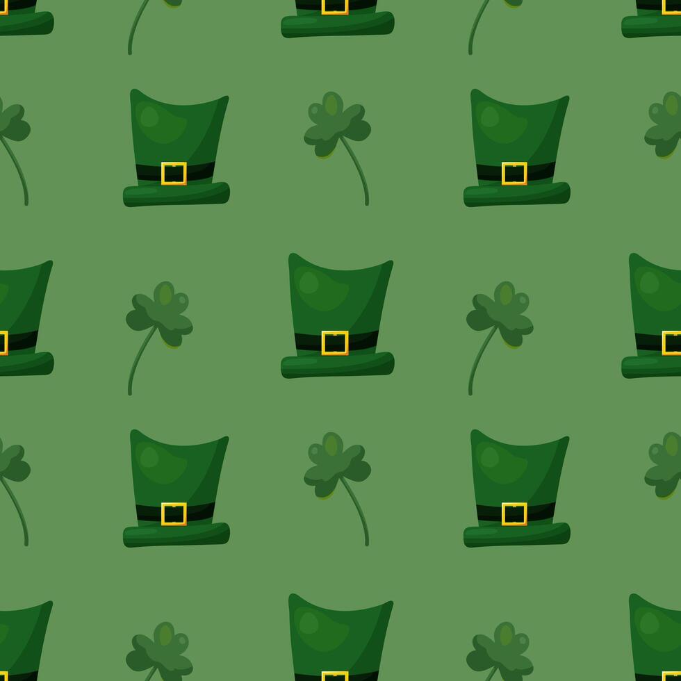 nahtlos Muster zum st. Patrick's Tag mit Grün Hüte und Kleeblatt Zweige auf Grün Hintergrund. festlich Muster zum Verpackung Design, Hintergrund und Dekor vektor