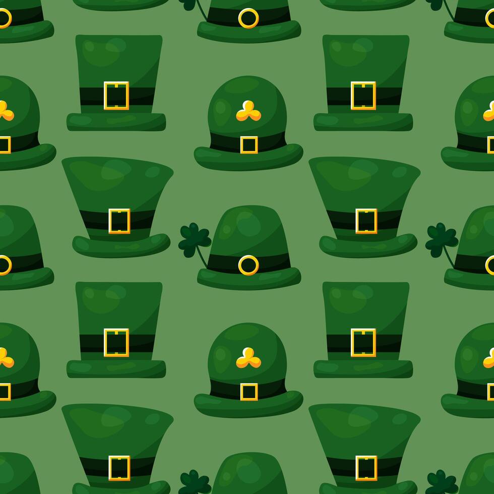 nahtlos Muster zum st. Patrick's Tag mit Grün Hüte und Kleeblatt Zweige auf Grün Hintergrund. festlich Muster zum Verpackung Design, Hintergrund und Dekor vektor