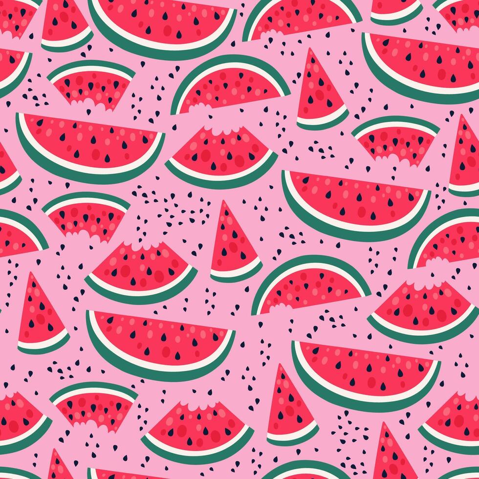 sömlös mönster med vattenmelon skivor på en rosa bakgrund. vektor grafik.