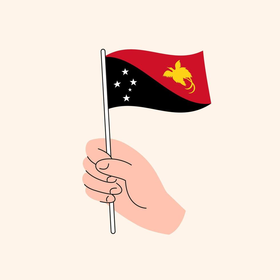 Karikatur Hand halten Papua Neu Guinea Flagge, isoliert Vektor Design.