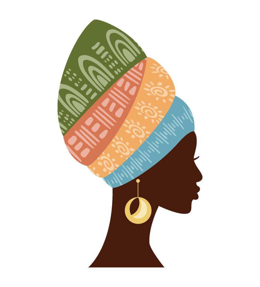 schön afrikanisch Frau Silhouette im traditionell mehrfarbig Turban Profil Sicht. schwarz afro Frauen Vektor isoliert mit traditionell Batik, ethnisch Hintergrund. afrikanisch Logo