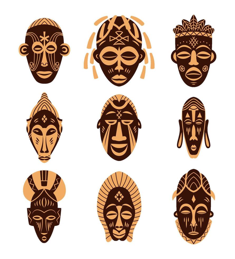 uppsättning av afrikansk etnisk stam- ritual masker isolerat på vit bakgrund. ritual symboler. två färger. vektor illustration