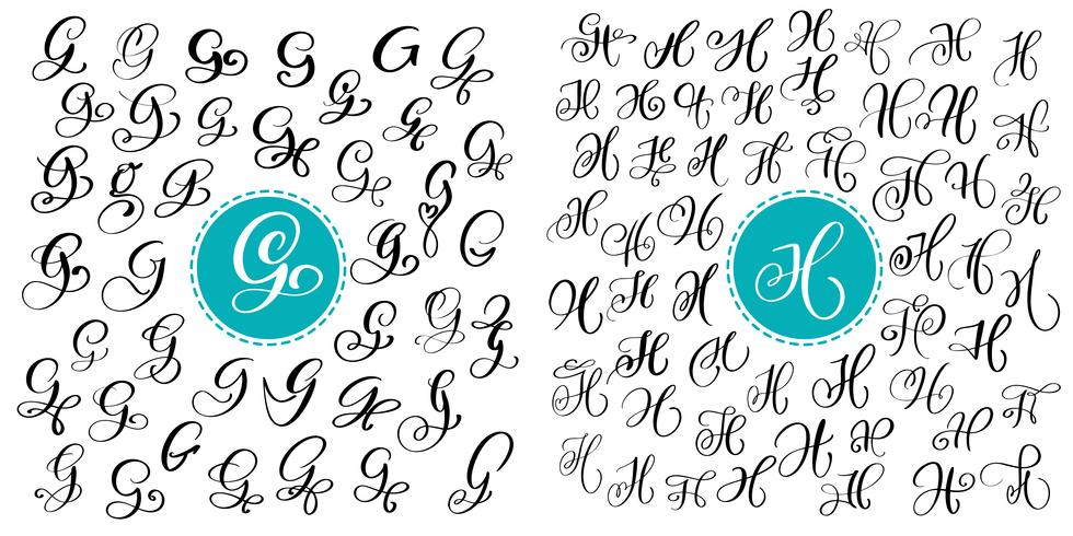 Ange bokstav G och H. Handdragen vektor blomstra kalligrafi. Skript typsnitt. Isolerade bokstäver skrivna med bläck. Handskriven penselstil. Handbokstäver för logotypemballage.